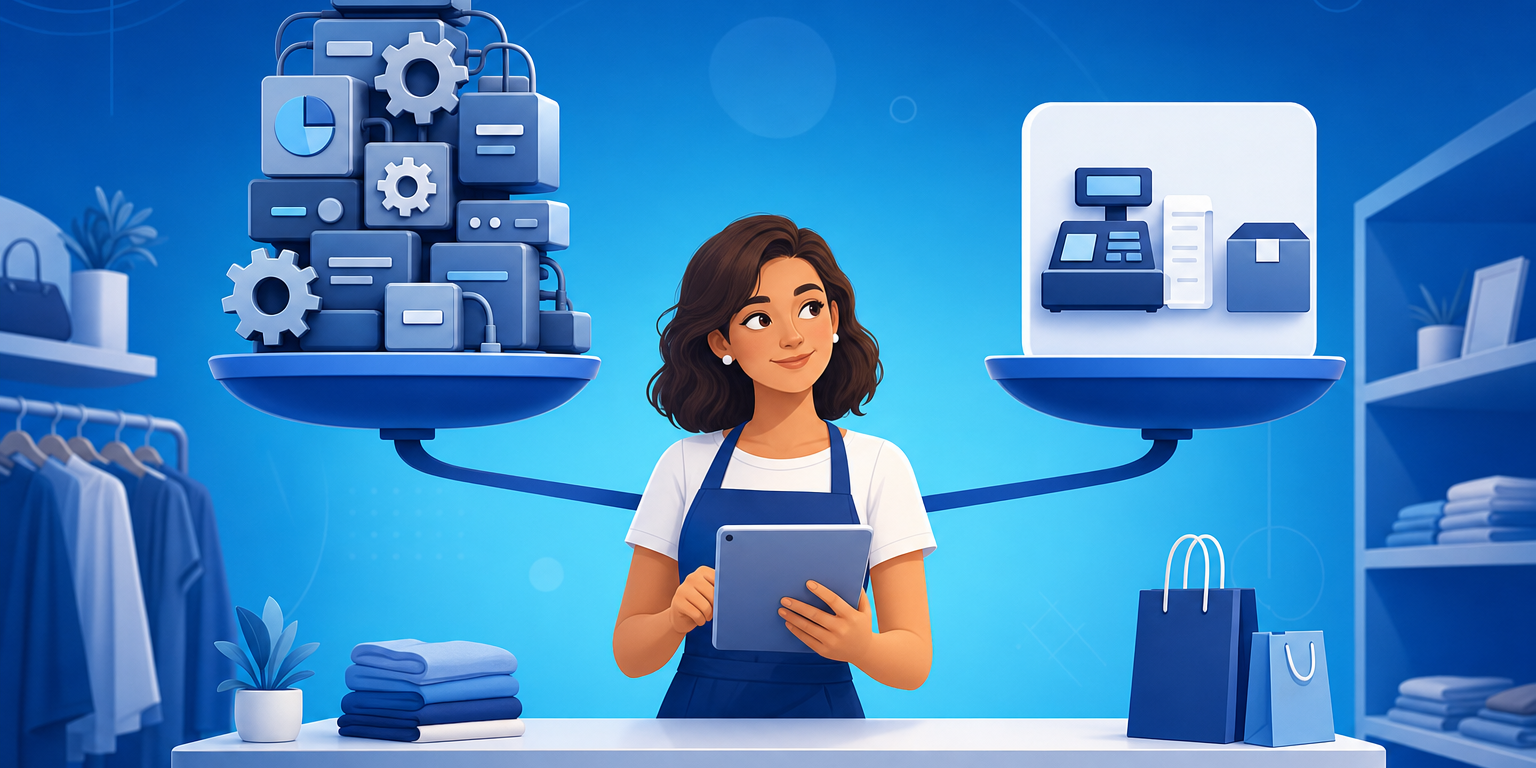 Lojista no balcão da loja física comparando alternativas ao SIGE Cloud em um sistema de gestão com PDV