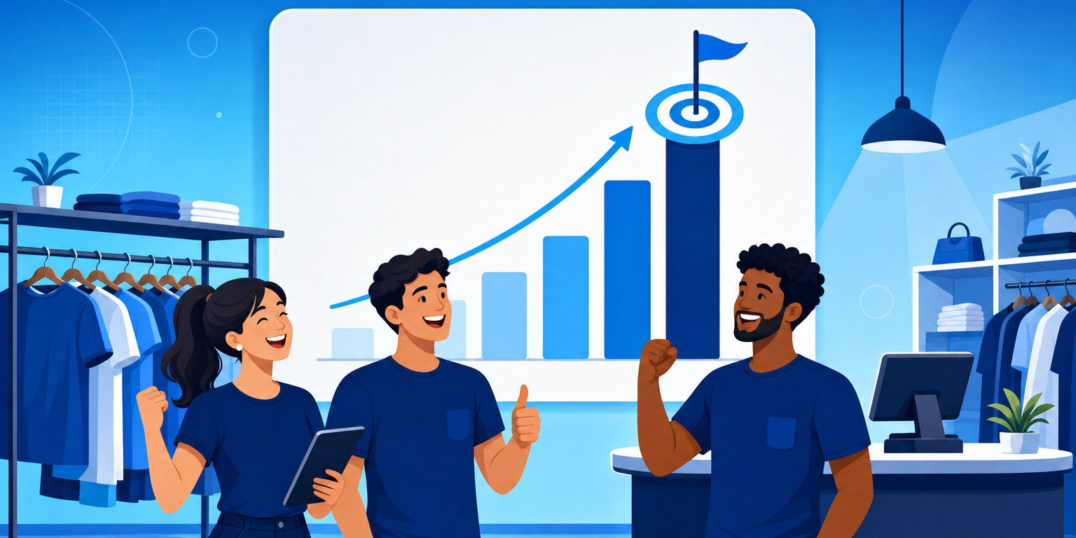 Equipe de vendedores de uma loja diante de um painel com gráfico de barras subindo em direção a um alvo, representando como calcular meta de vendas