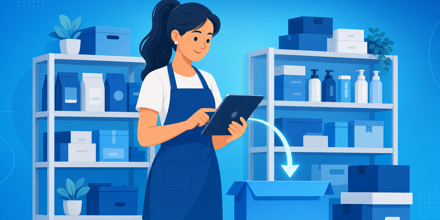 Como dar baixa no estoque: lojista conferindo produtos na prateleira com o saldo do sistema