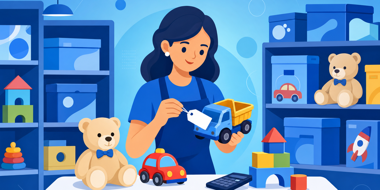 Lojista precificando brinquedos em uma loja de brinquedos com etiquetas de preço, caixas coloridas na prateleira e calculadora no balcão