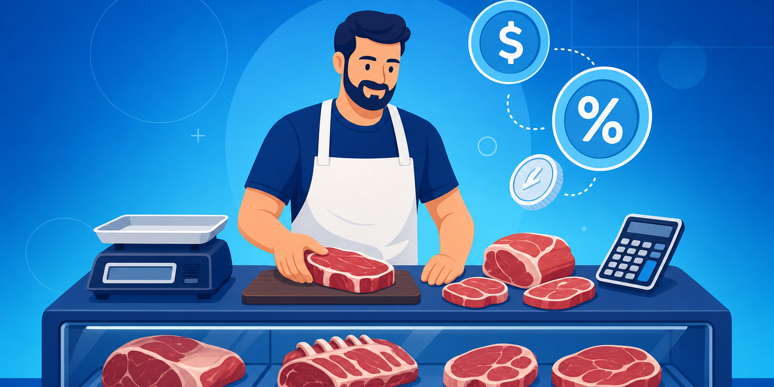 Açougueiro calculando o preço da carne por quilo ao lado da balança e dos cortes no balcão do açougue