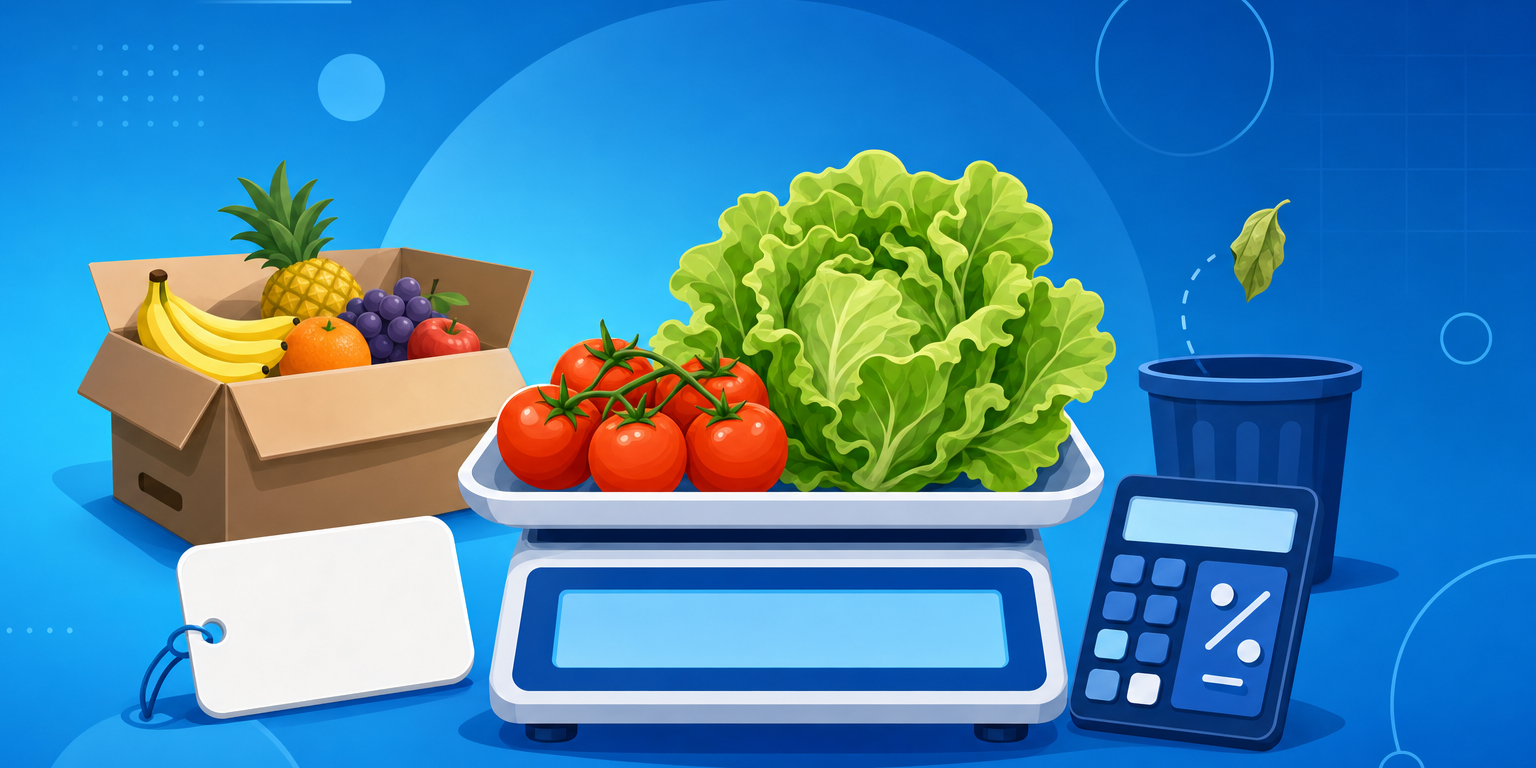 Banca de hortifruti com frutas e verduras, balança e etiqueta de preço por quilo, representando como precificar frutas e verduras