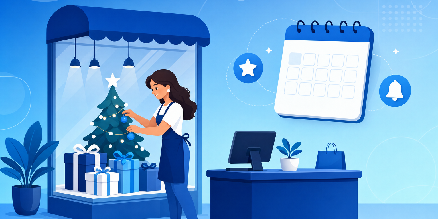 Dona de loja física preparando a vitrine e o caixa para as vendas de Natal com um calendário de planejamento