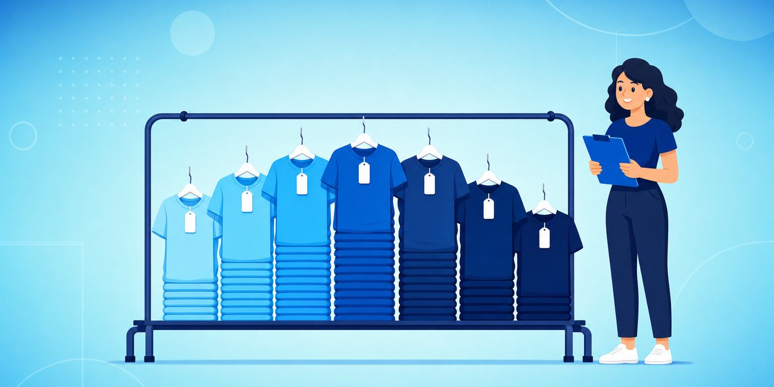 Araras de roupas organizadas por tamanho numa loja de moda, com peças separadas em pilhas de tamanhos diferentes, representando a grade de tamanhos