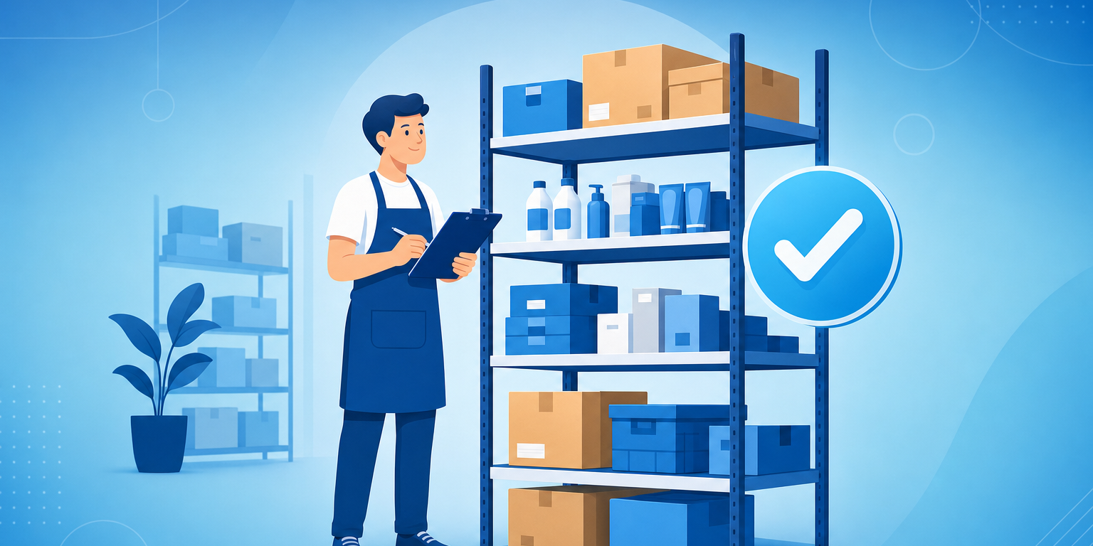 Inventário de estoque: lojista conferindo produtos nas prateleiras do estoque com prancheta
