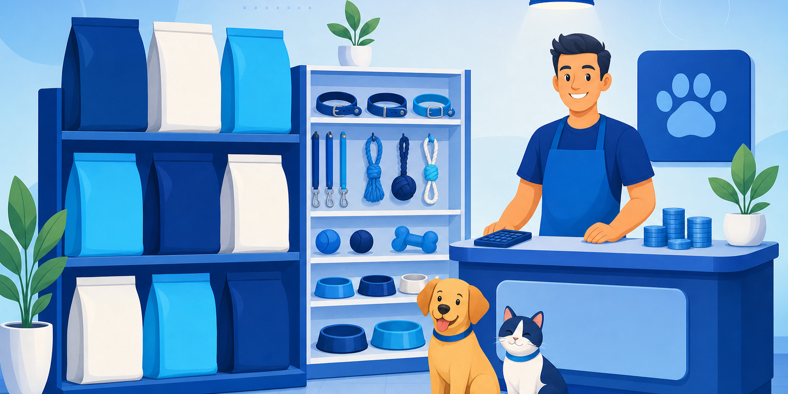 Interior de um pet shop de bairro com gôndolas de ração, acessórios para cães e gatos e balcão de atendimento, representando o investimento para abrir um pet shop