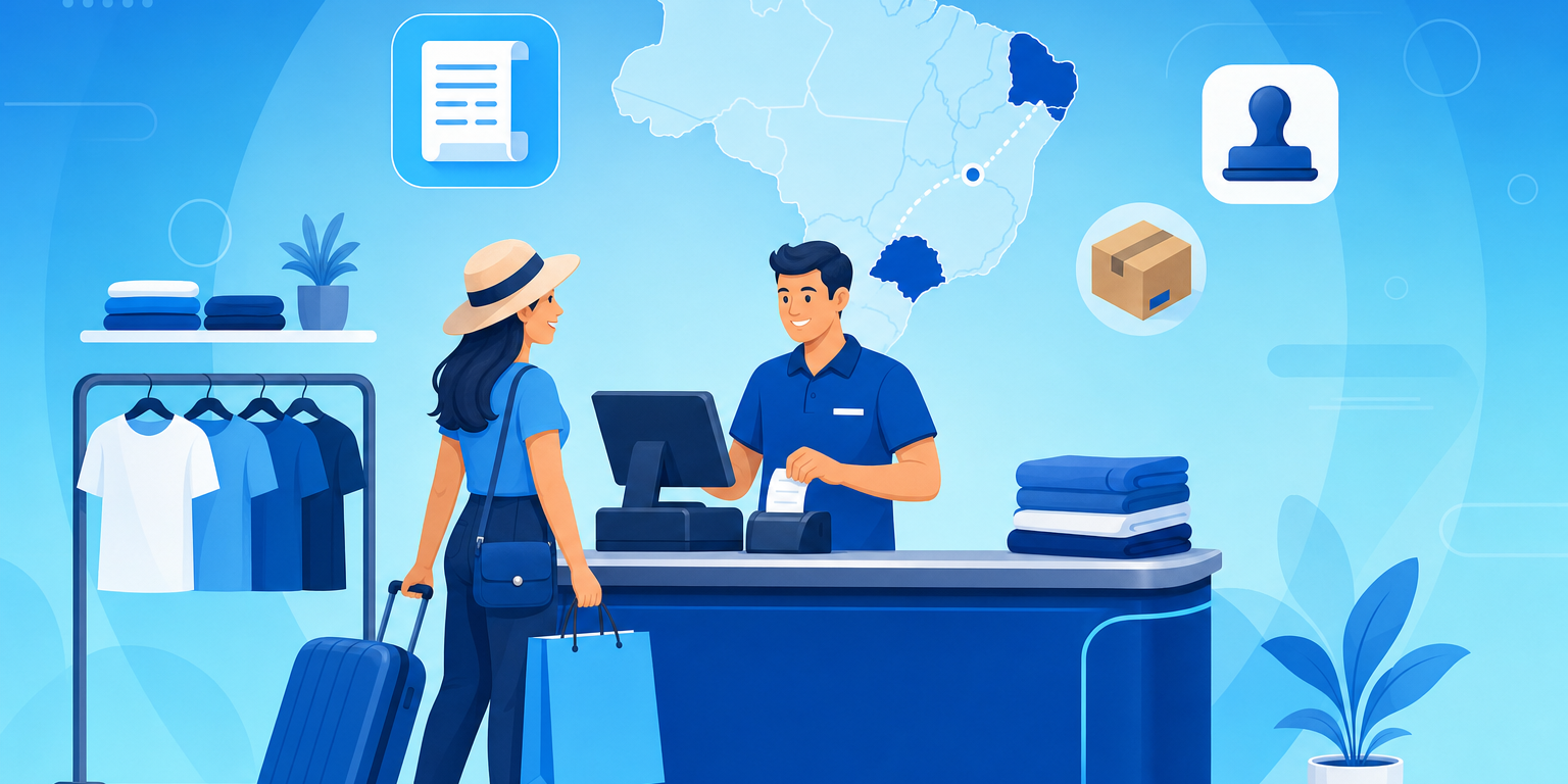 Balcão de loja emitindo nota fiscal para cliente de outro estado, com mapa do Brasil e documento fiscal na tela do PDV
