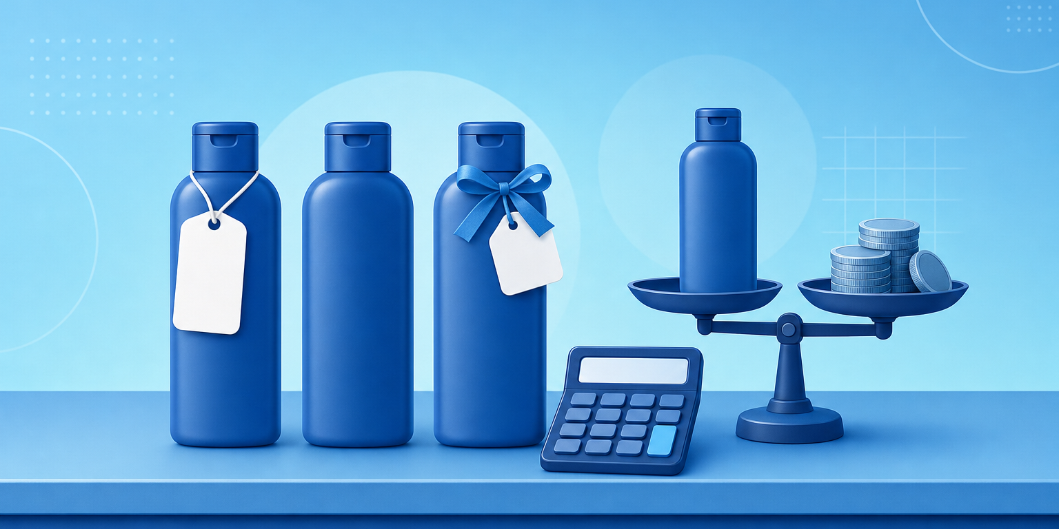 Três produtos iguais no balcão de uma loja com etiqueta de promoção leve 3 pague 2, representando o cálculo da margem da promoção