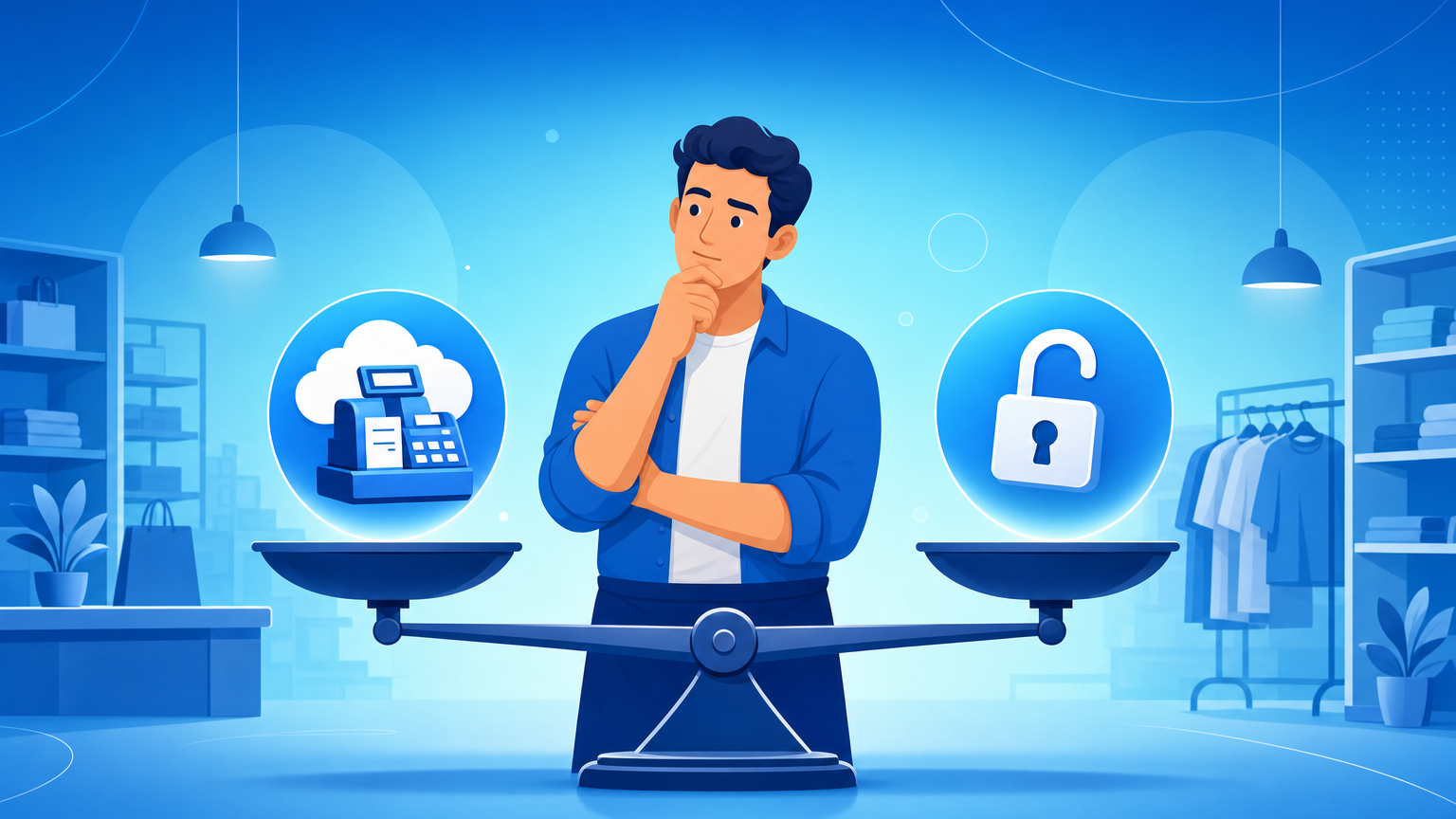 Dono de loja comparando alternativas ao MarketUP em um sistema de gestão no computador do balcão
