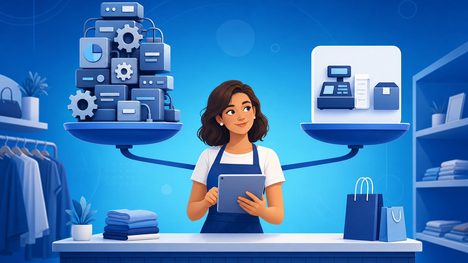 Lojista no balcão da loja física comparando alternativas ao SIGE Cloud em um sistema de gestão com PDV