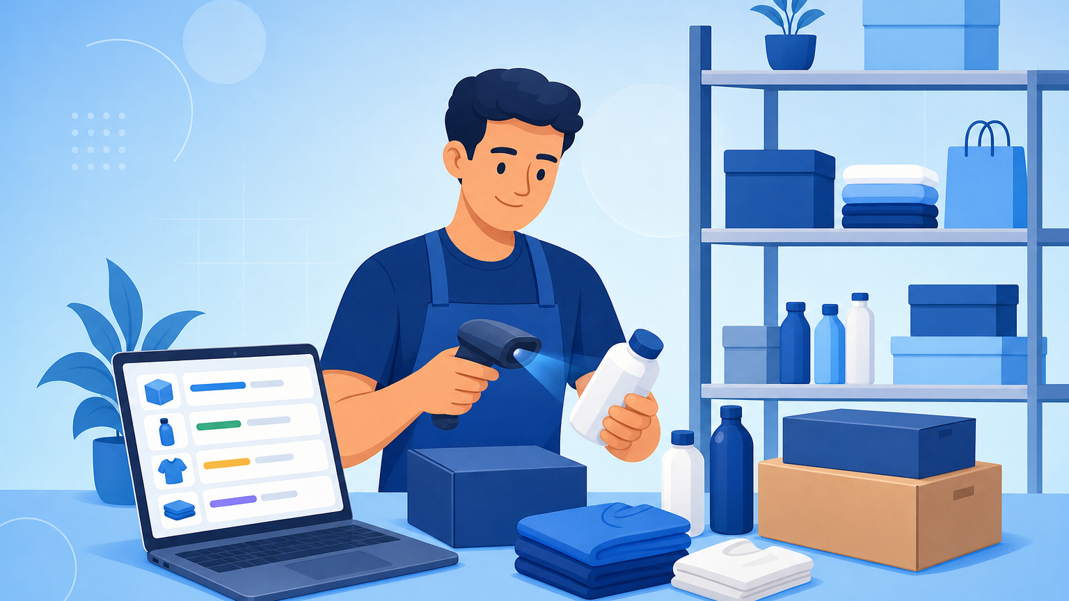 Lojista cadastrando produtos no sistema de gestão com leitor de código de barras e prateleira ao fundo, representando como cadastrar produtos no sistema