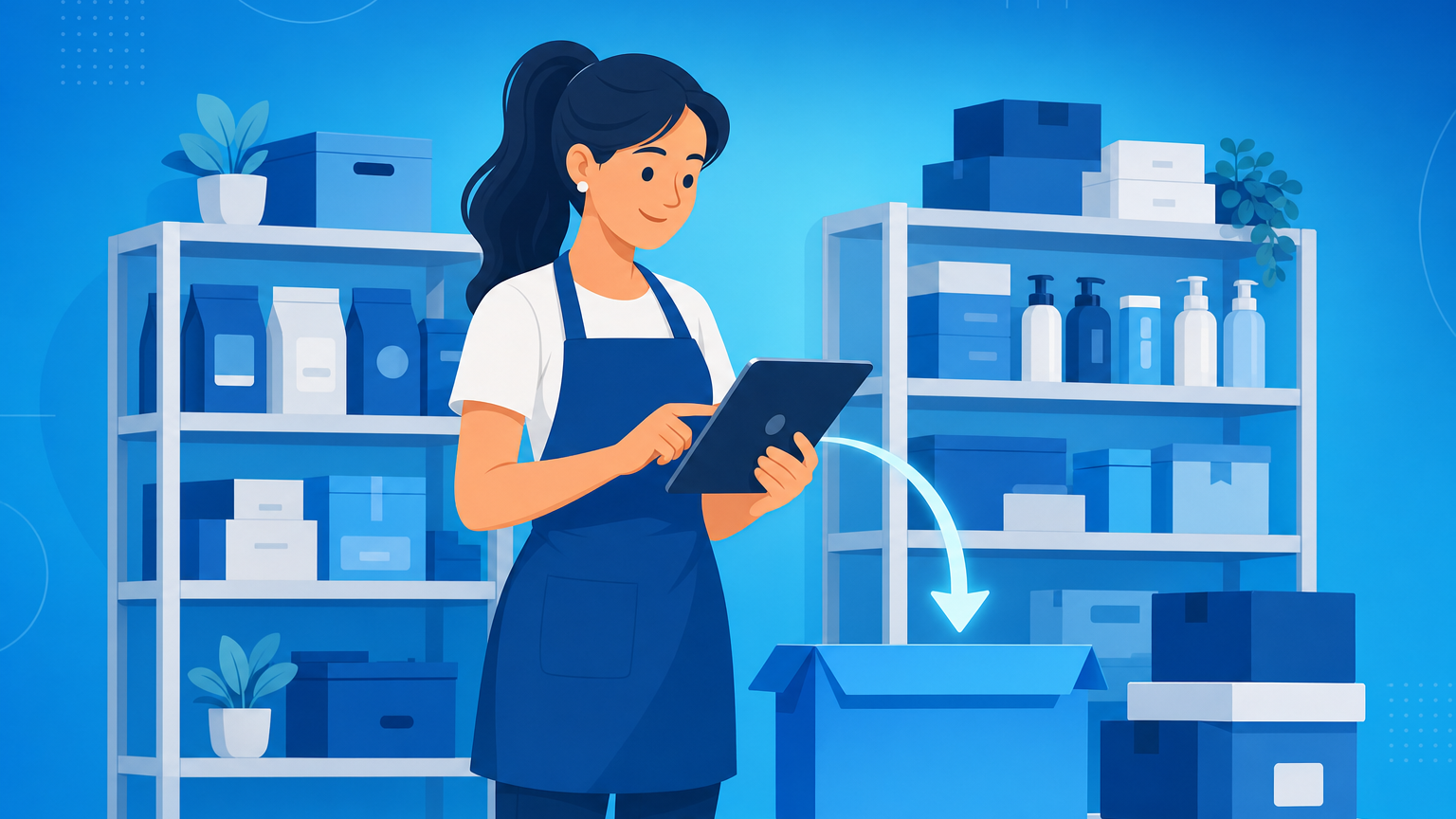 Como dar baixa no estoque: lojista conferindo produtos na prateleira com o saldo do sistema