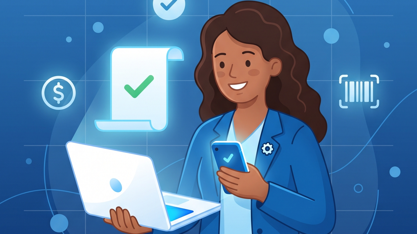 Empreendedora MEI emitindo nota fiscal eletrônica no computador e no celular