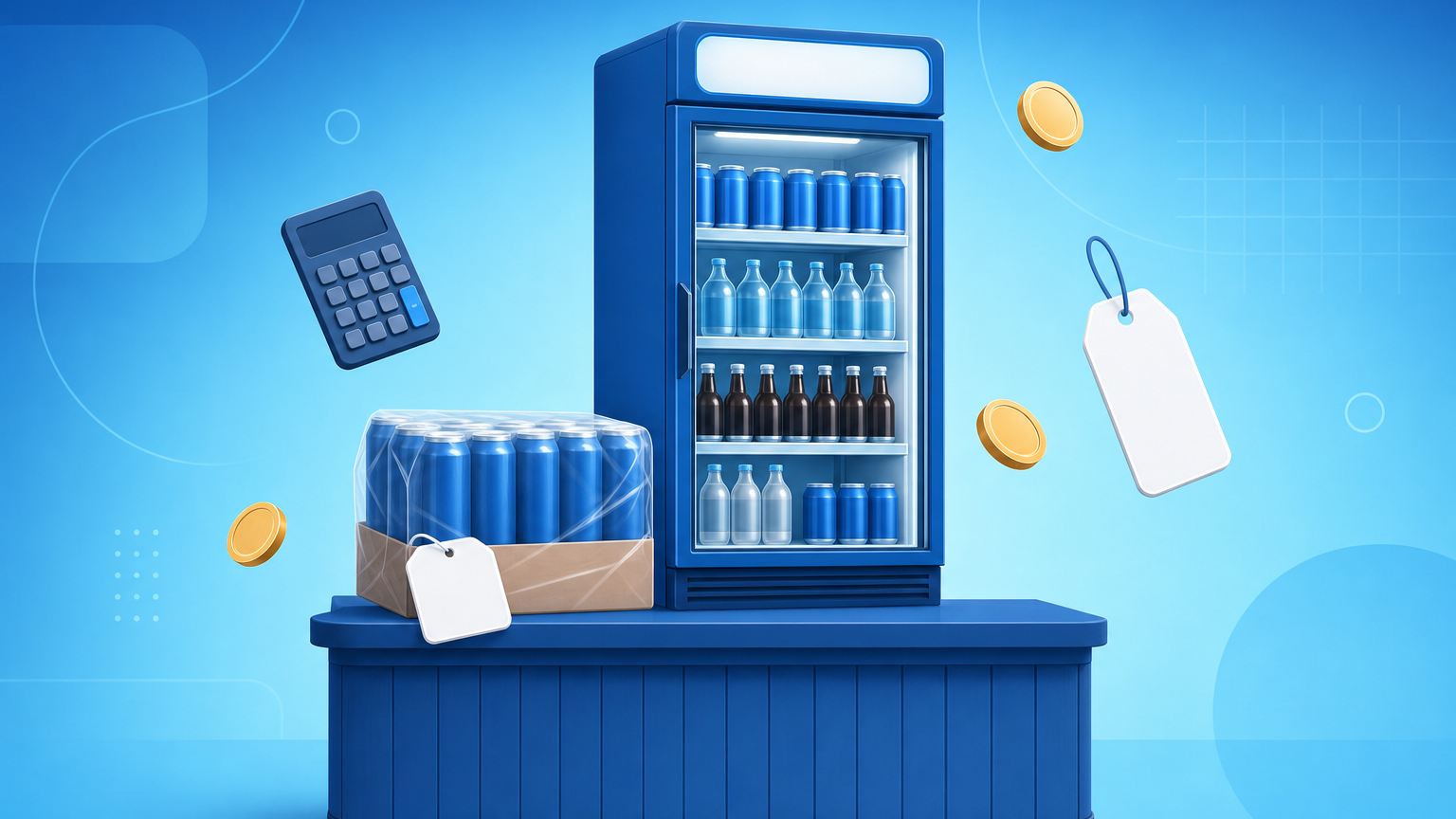 Dono de depósito de bebidas calculando o preço de venda de cervejas e refrigerantes ao lado da geladeira