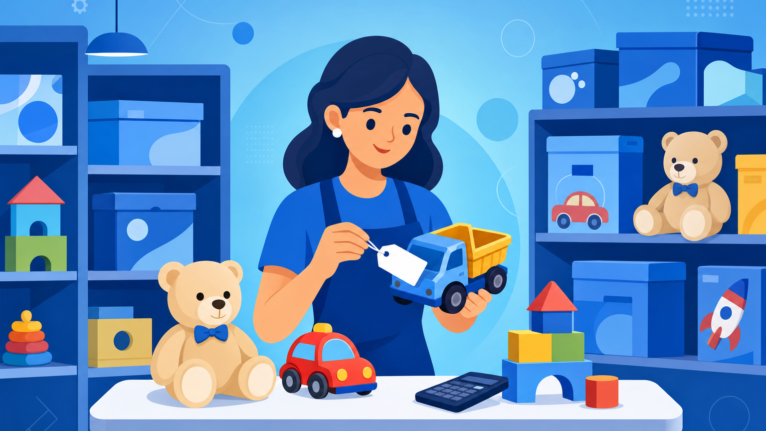 Lojista precificando brinquedos em uma loja de brinquedos com etiquetas de preço, caixas coloridas na prateleira e calculadora no balcão