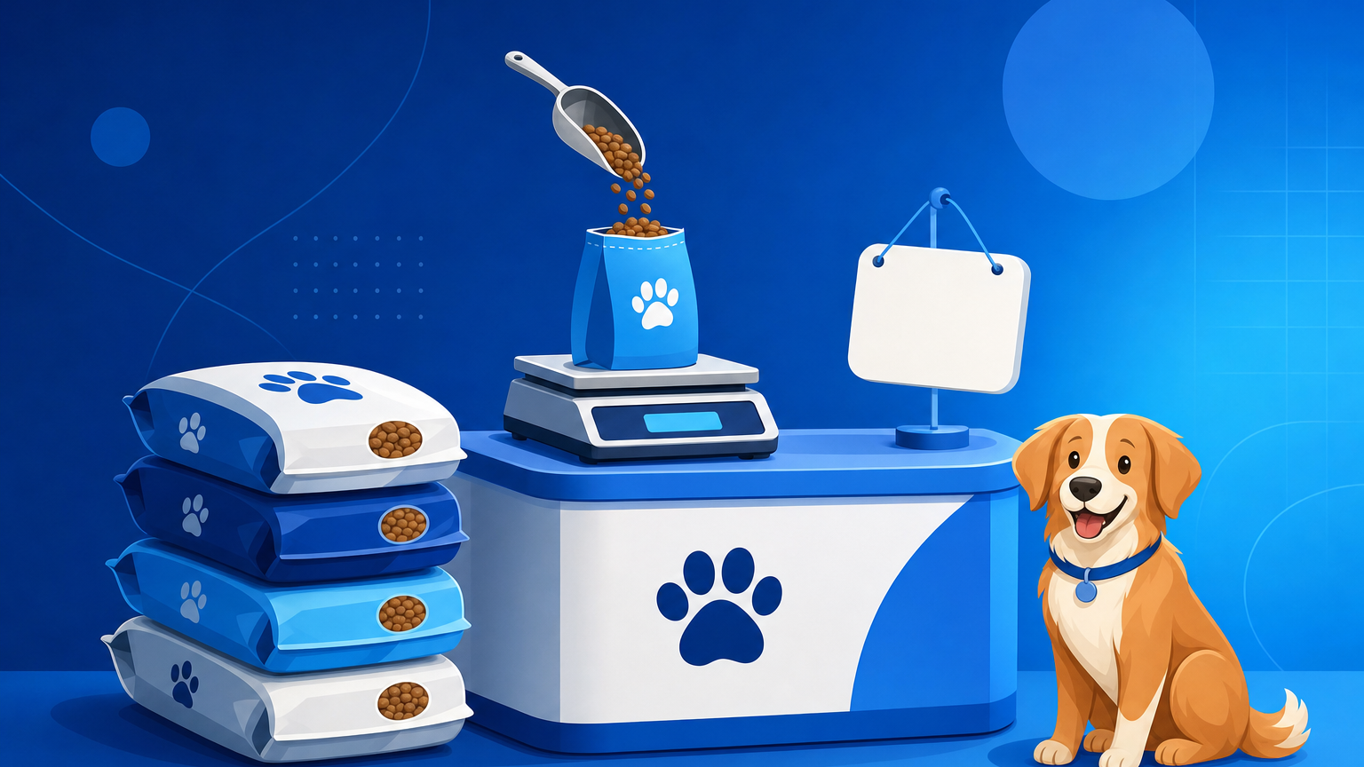 Como precificar produtos de pet shop: balcão com sacos de ração, balança e etiqueta de preço sendo calculada no sistema