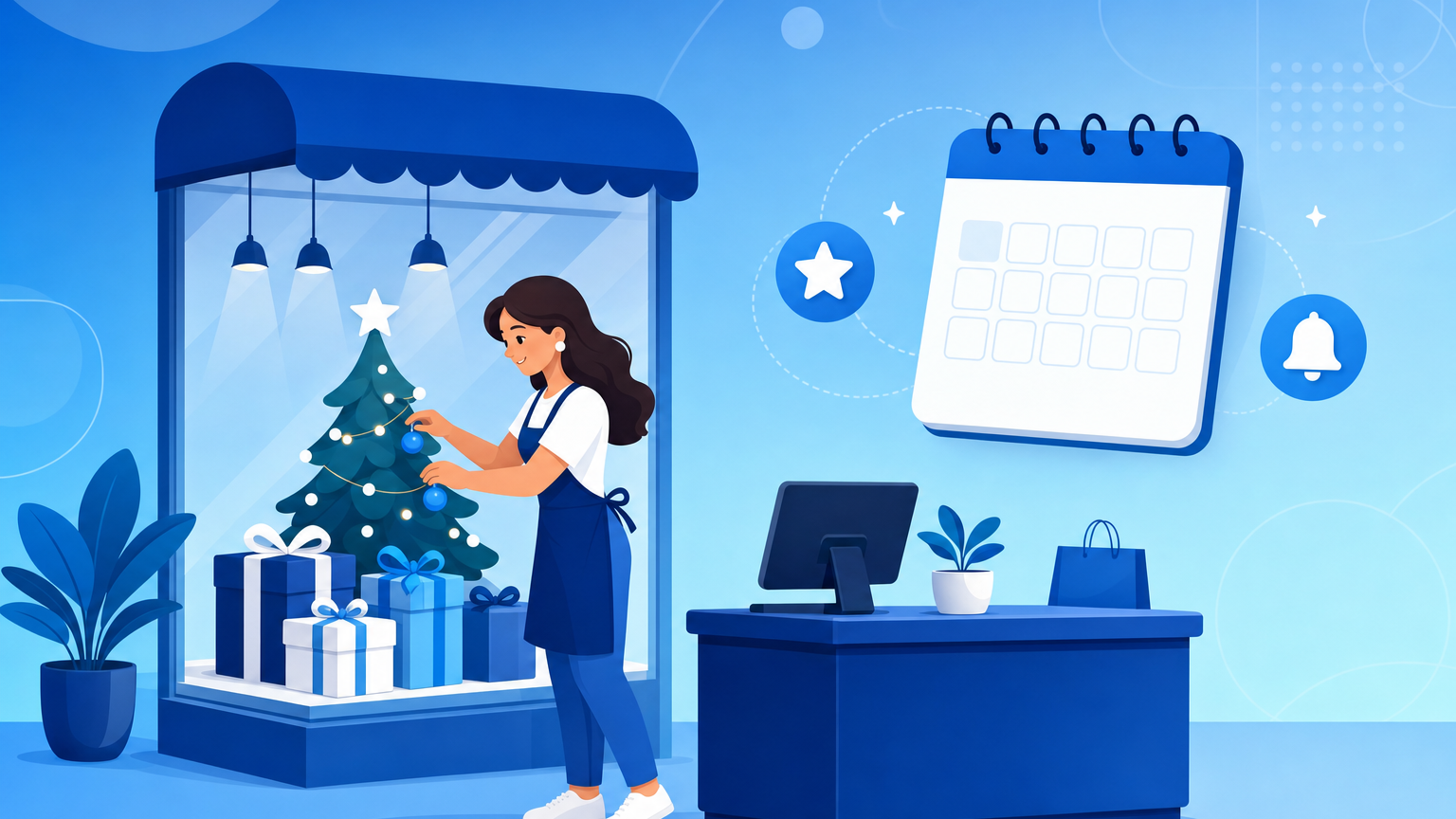 Dona de loja física preparando a vitrine e o caixa para as vendas de Natal com um calendário de planejamento