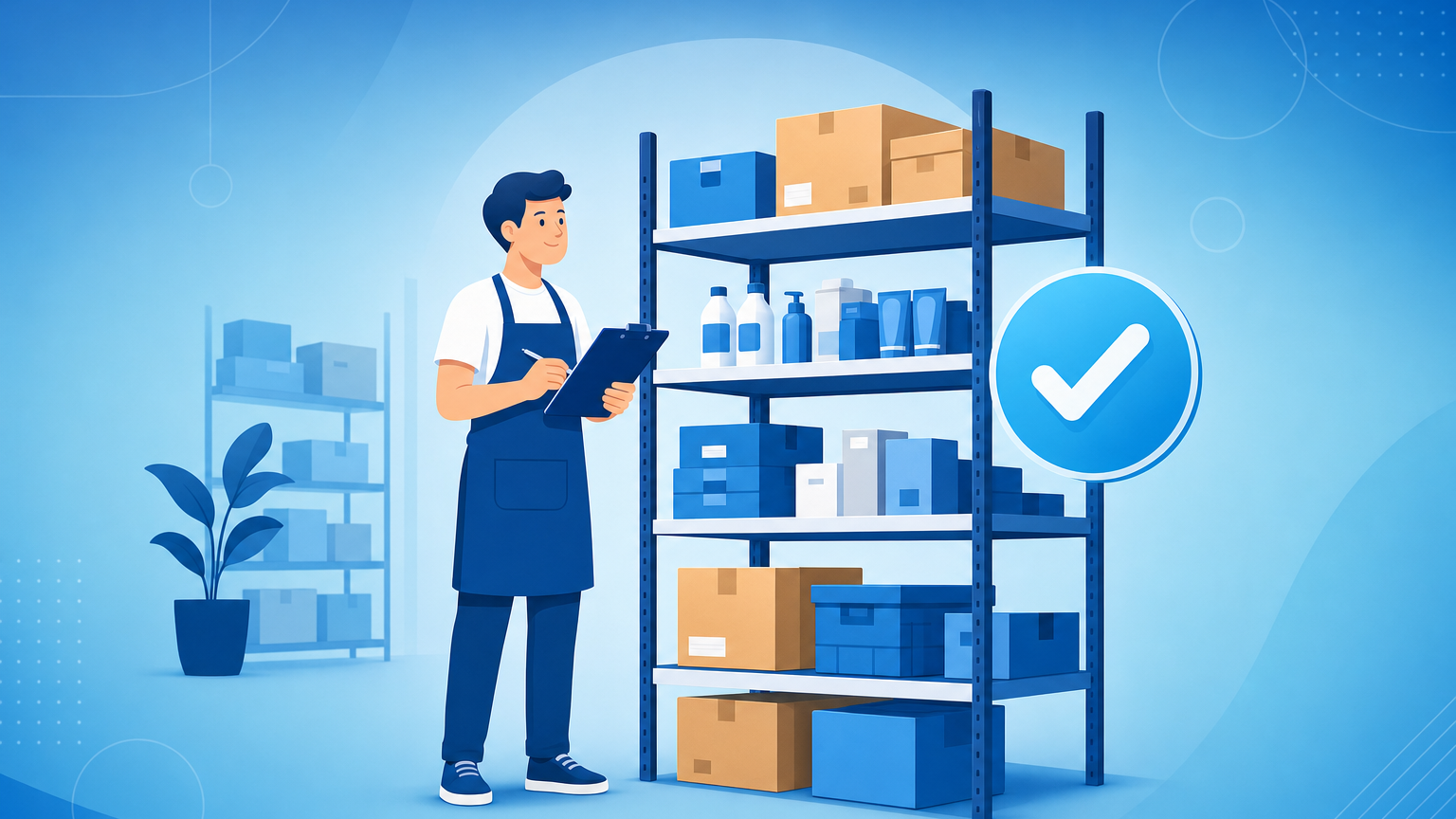 Inventário de estoque: lojista conferindo produtos nas prateleiras do estoque com prancheta