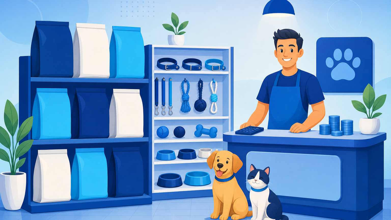 Interior de um pet shop de bairro com gôndolas de ração, acessórios para cães e gatos e balcão de atendimento, representando o investimento para abrir um pet shop