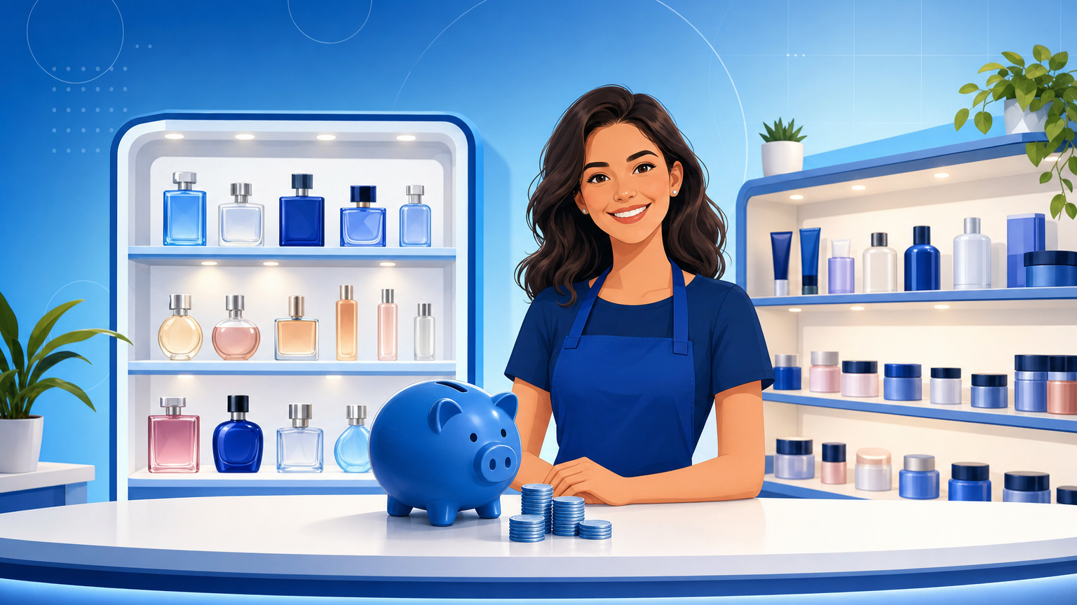 Interior de uma perfumaria de bairro nova com vitrines iluminadas de perfumes, prateleiras de cosméticos e balcão com caixa, representando o investimento para abrir uma perfumaria
