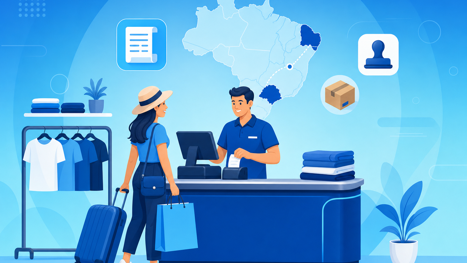 Balcão de loja emitindo nota fiscal para cliente de outro estado, com mapa do Brasil e documento fiscal na tela do PDV