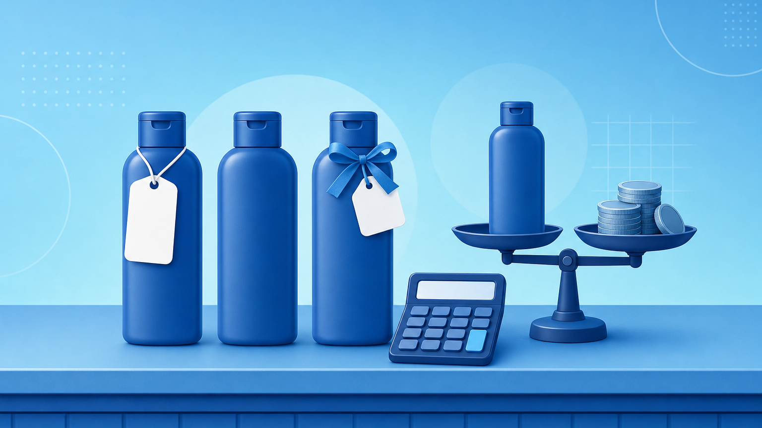 Três produtos iguais no balcão de uma loja com etiqueta de promoção leve 3 pague 2, representando o cálculo da margem da promoção