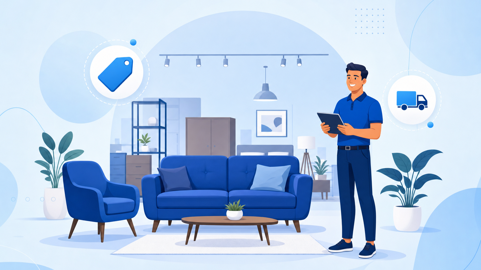 Vendedor usando um sistema para loja de móveis em um showroom com sofá e poltronas