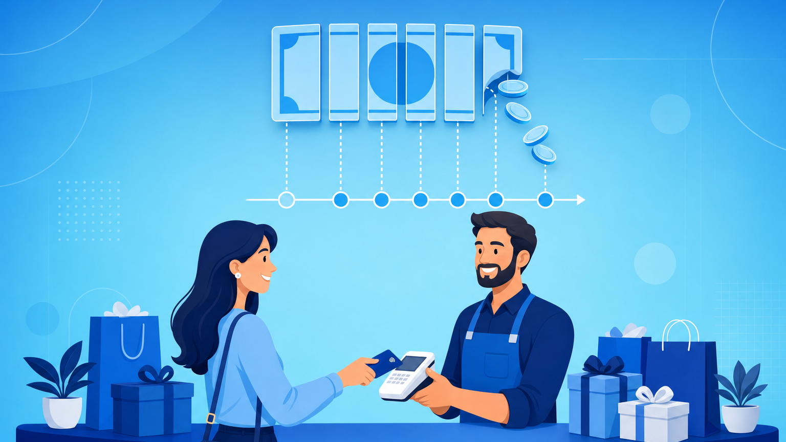 Cliente pagando com cartão na maquininha do balcão de uma loja enquanto o lojista confere a conta do parcelado sem juros